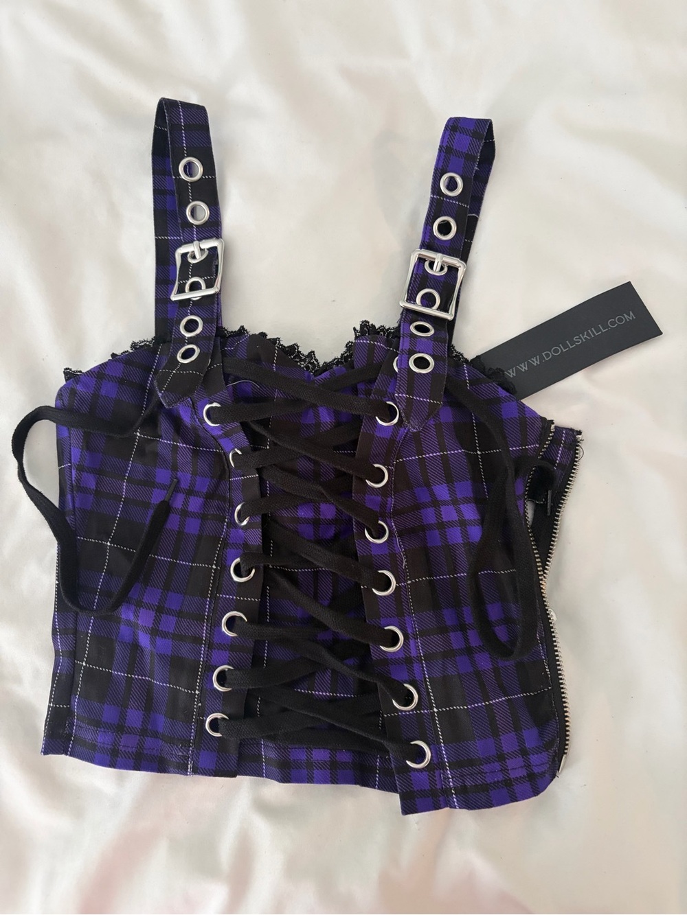 Dolls Kill Purple & Black Plaid Lace-Up Corset Crop Top